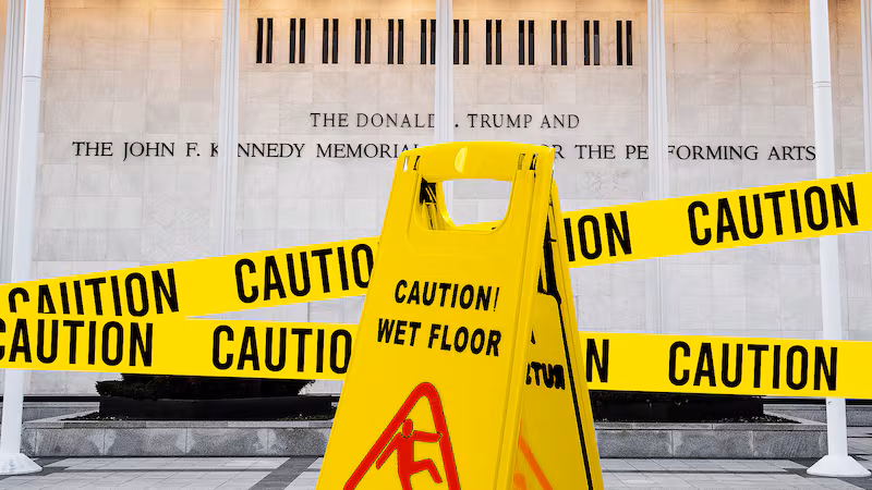 Sign and caution tape in front of the Kennedy Center.