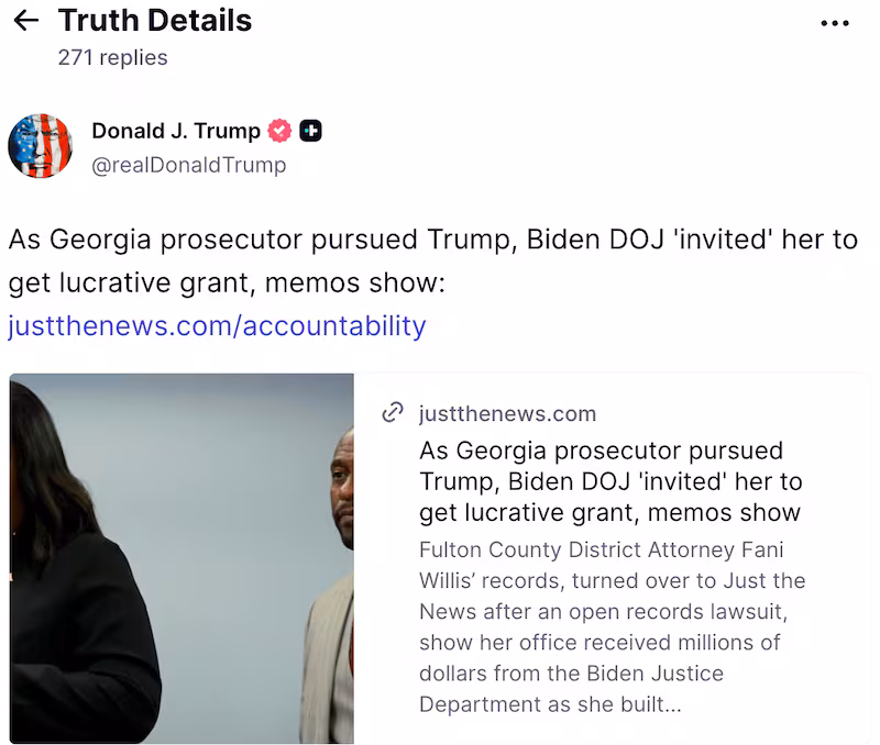 Screengrab of Trump's Truth Social post.