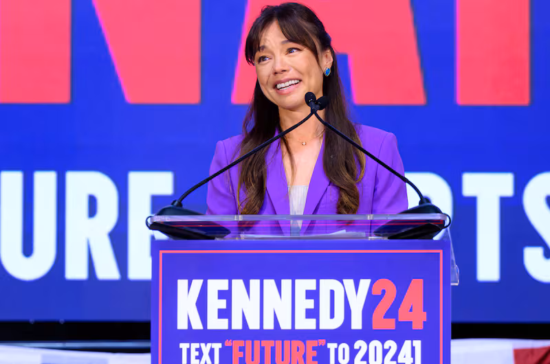 Nicole Shanahan speaks during a campaign event at the Henry J. Kaiser Event Center in Oakland, California, on March 26, 2024. Independent US presidential candidate Robert F. Kennedy Jr. announced wealthy Silicon Valley lawyer and political newcomer Nicole Shanahan as his running mate March 26, 2024, as he pursues an anti-establishment campaign seen as an increasing threat to Democrat Joe Biden. (Photo by JOSH EDELSON / AFP) (Photo by JOSH EDELSON/AFP via Getty Images)
