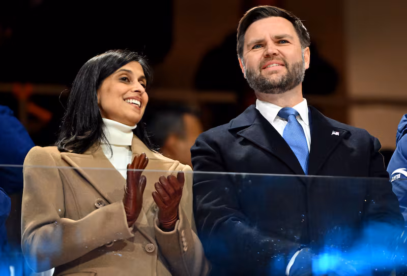 JD Vance, Vice President of the United States, with his wife Usha (left) during the Opening Ceremony for the Milano Cortina 2026 Winter Olympics, San Siro, Milan.