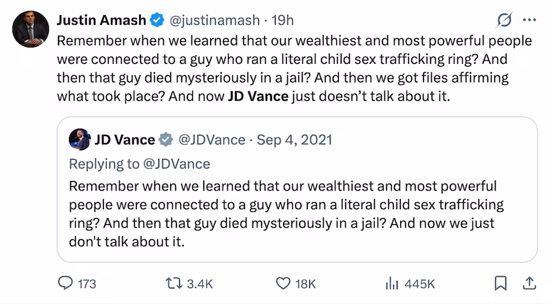 Former Michigan Representative Justin Amash criticizes VP JD Vance's silence on latest Epstein file dump.
