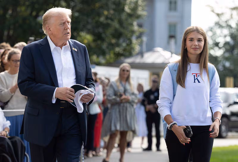 U.S. President Donald Trump, joined by his granddaughter Kai Trump, departs the White House on September 26, 2025 in Washington, DC.