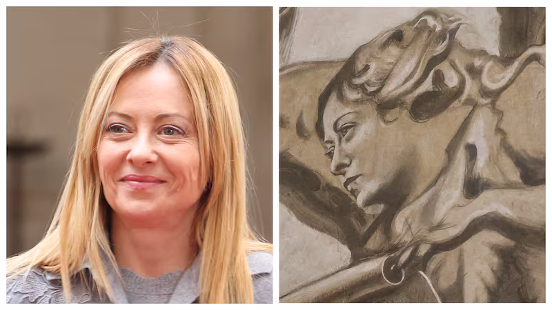 Side-by-side of Giorgia Meloni and the angel fresco that Italians say depicts her.