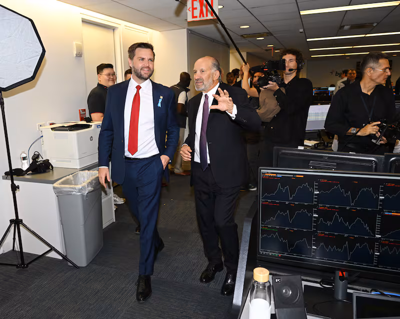 NEW YORK, NEW YORK - SEPTEMBER 11: (L-R) JD Vance and Howard Lutnick attend Charity Day 2024 hosted by The Cantor Fitzgerald Relief Fund at BGC Group on September 11, 2024 in New York City.  (Photo by Dave Kotinsky/Getty Images for The Cantor Fitzgerald Relief Fund)