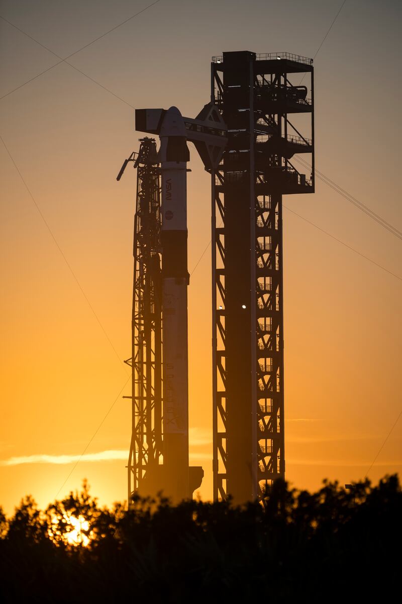 CAPE CANAVERAL, FL - FEBRUARY 10: (EDITOR'S NOTE: This handout image was provided by a third-party organization and may not adhere to Getty Images' editorial policy) A SpaceX Falcon 9 rocket with the company's Dragon spacecraft on top is seen on the launch pad at sunset at Space Launch Complex 40 as preparations continue for the Crew-12 mission February 10, 2026, at Cape Canaveral Space Force Station in Florida. NASA's SpaceX Crew-12 mission is the twelfth crew rotation mission of the SpaceX Dragon spacecraft and Falcon 9 rocket to the International Space Station as part of the agency's Commercial Crew Program. NASA astronauts Jessica Meir, Jack Hathaway,  European Space Agency (ESA) astronaut Sophie Adenot and Roscosmos cosmonaut Andrey Fedyaev are scheduled to launch at 5:15 a.m. EST on February 13.  (Photo by Aubrey Gemignani/NASA via Getty Images)