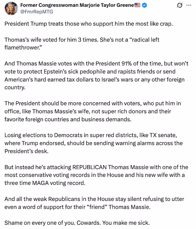 MTG X post about Trump and Thomas Massie