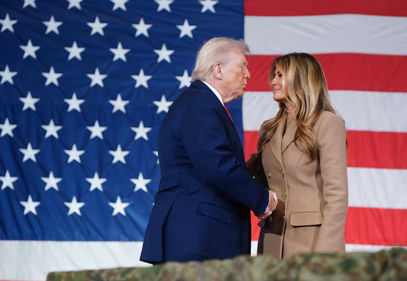 FORT BRAGG, NORTH CAROLINA - FEBRUARY 13: U.S. President Donald Trump and first lady Melania Trump visit the Fort Bragg U.S. Army base on February 13, 2026 in Fort Bragg, North Carolina. Trump visited the base to honor special forces involved in the military operation in Venezuela in early 2026. (Photo by Nathan Howard/Getty Images)