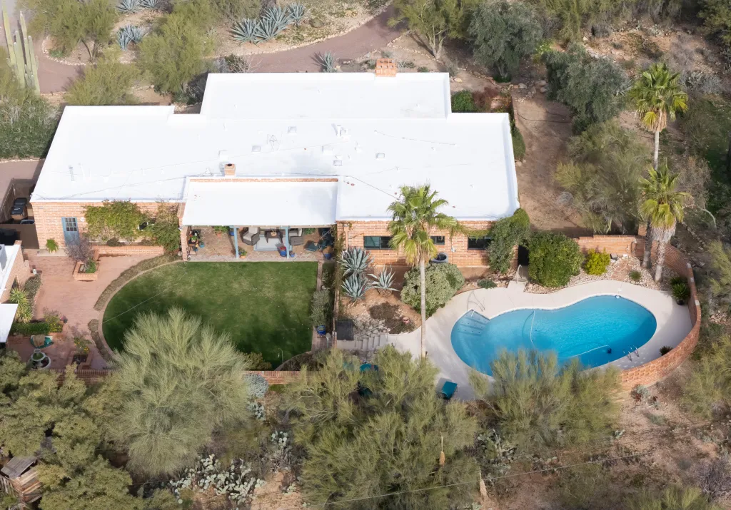 Aerial view of Nancy Guthrie's house in Tucson, Arizona, identified as a crime scene.