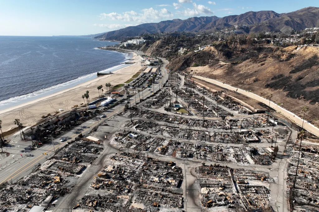 Aerial view of devastation from the Palisades Fire in Los Angeles, showing burned structures near the Pacific Ocean and mountains.