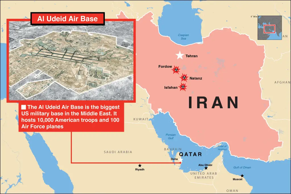 Illustration of a map of the Middle East, showing Al Udeid Air Base in Qatar and nuclear sites in Iran.