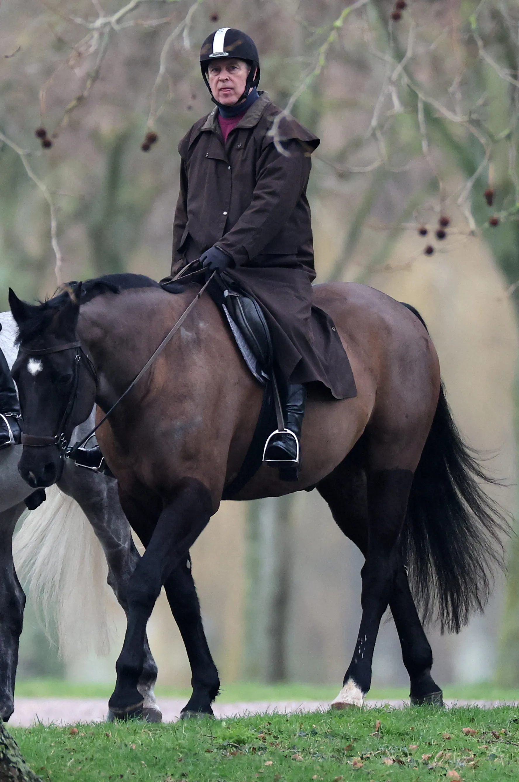 Andrew Mountbatten-Windsor rides a horse in Windsor Great Park.