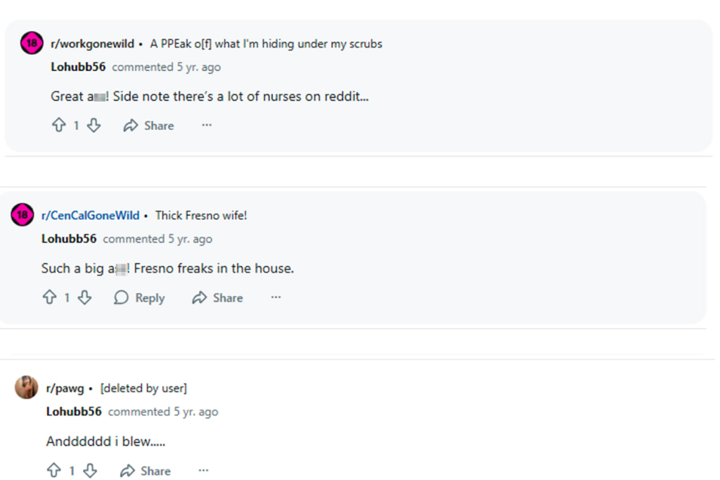 Reddit posts by Lohubb56 containing inappropriate content.