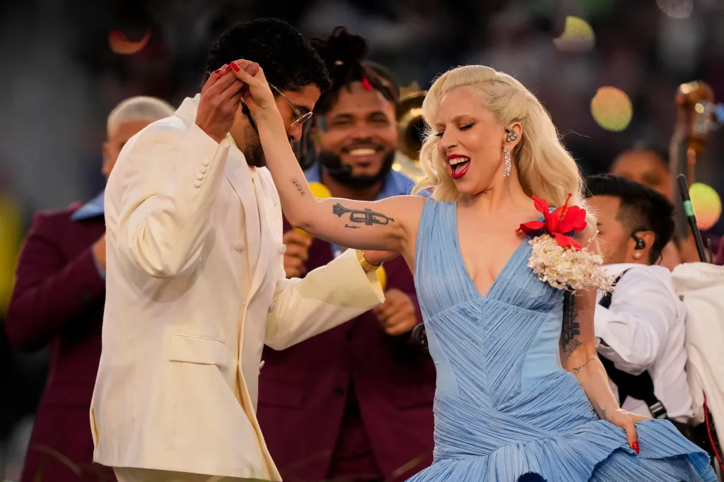 Bad Bunny dances with Lady Gaga during the halftime show. 