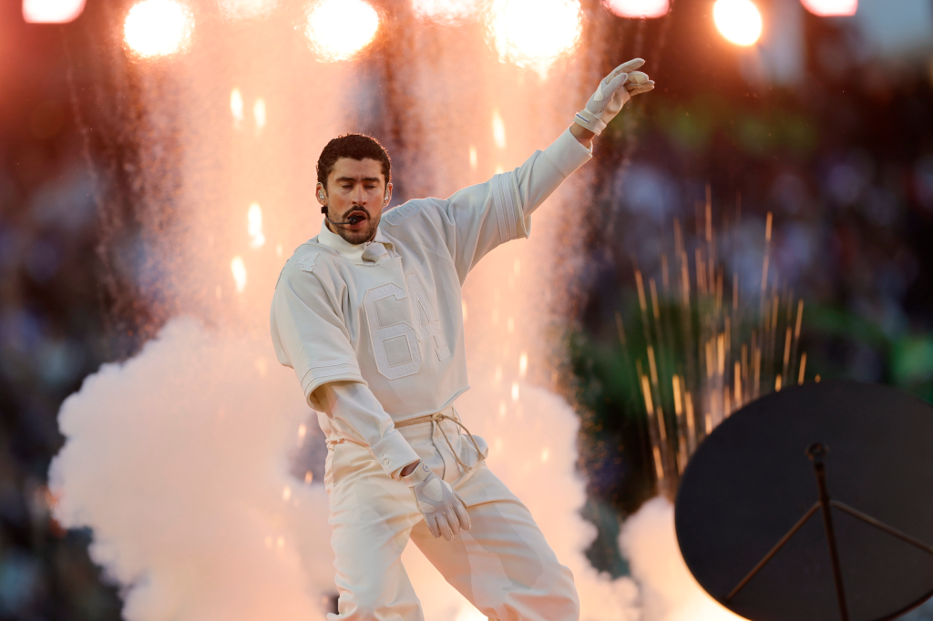 Bad Bunny performs the halftime show during the Seattle Seahawks versus the New England Patriots Super Bowl LX game on Feb. 8, 2026, at Levi's Stadium