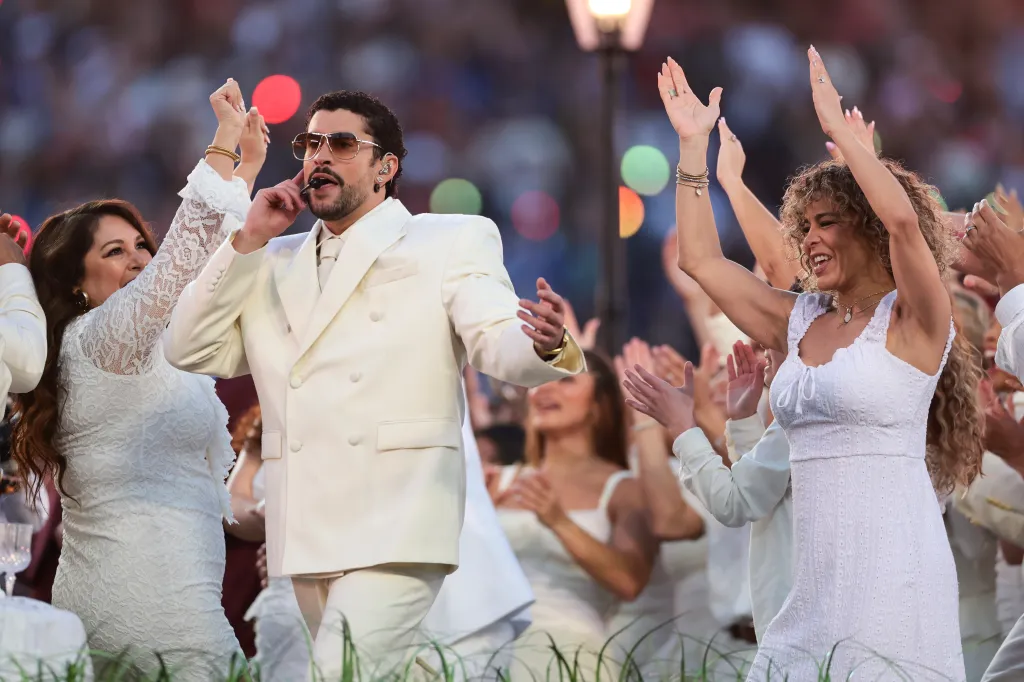 Bad Bunny performs during halftime of Super Bowl LX between the New England Patriots and the Seattle Seahawks