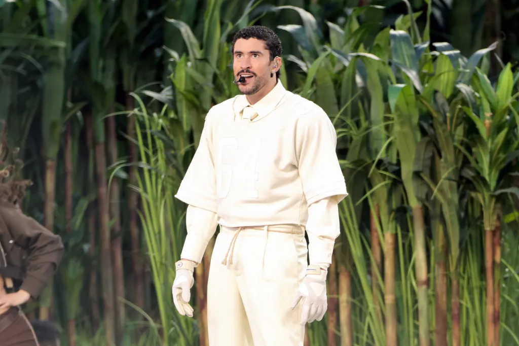 Bad Bunny performs onstage during the Apple Music Super Bowl LX Halftime Show.