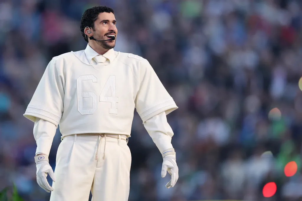 Bad Bunny performing at the Apple Music Super Bowl LX Halftime Show.