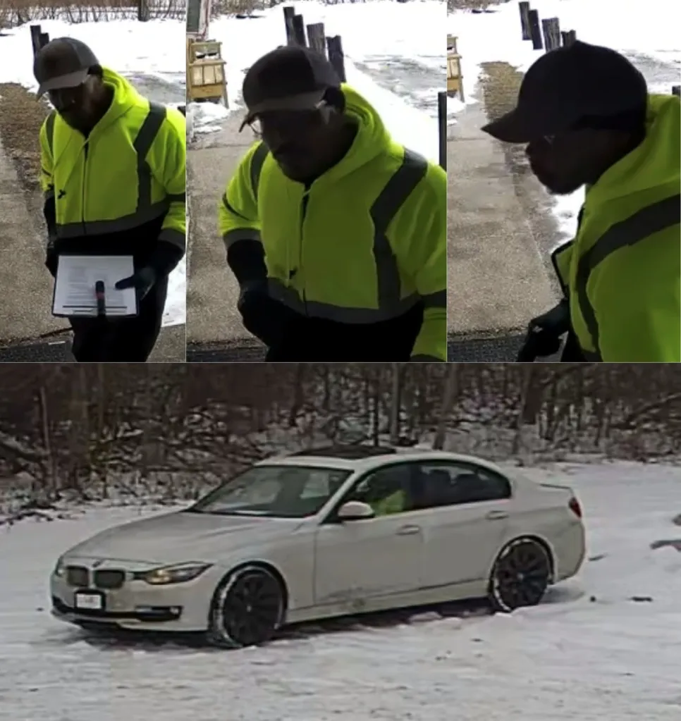 Collage of a man in a neon yellow jacket and black baseball cap, and a white BMW in the snow.