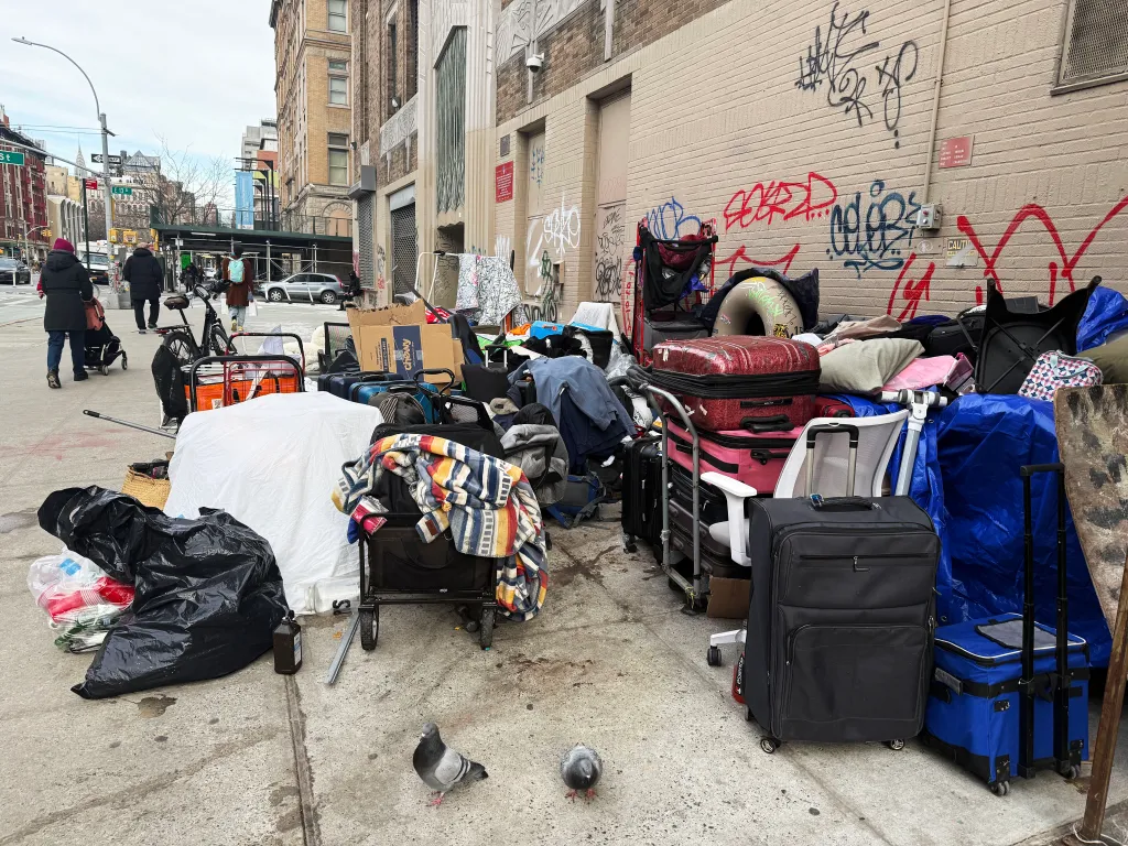 Homeless encampment on Second Avenue in the East Village, New York City.