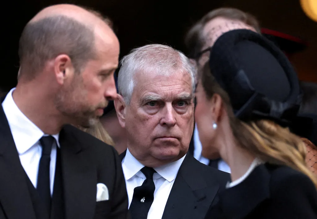 Britain's Prince Andrew, Prince William, and Catherine, Princess of Wales, at a funeral service.