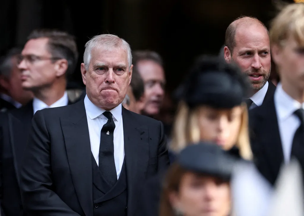 Prince Andrew and Prince William at the funeral service for Katharine, Duchess of Kent.