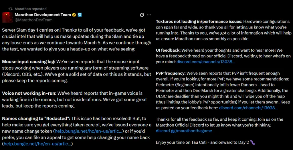 Bungie Responds to Marathon Feedback