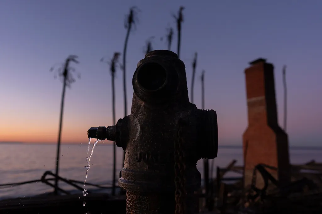 A burned fire hydrant drips water in front of charred trees and a house destroyed by the Palisades Fire along the Malibu coastline.
