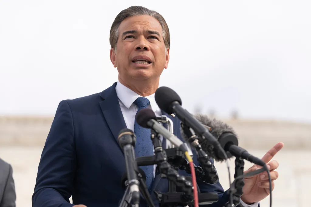 California Attorney General Rob Bonta speaks to reporters outside the Supreme Court.
