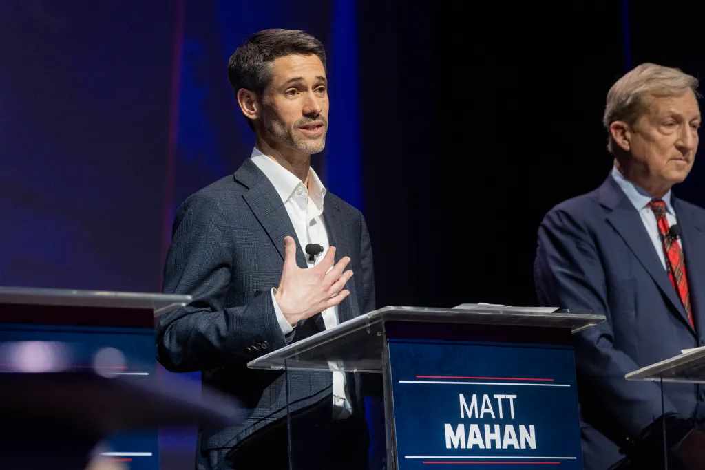 California gubernatorial candidate Matt Mahan speaking at a debate.