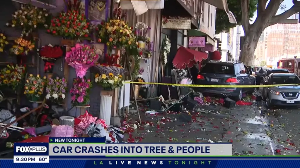 Multiple cars crashed into a flower shop in downtown LA.