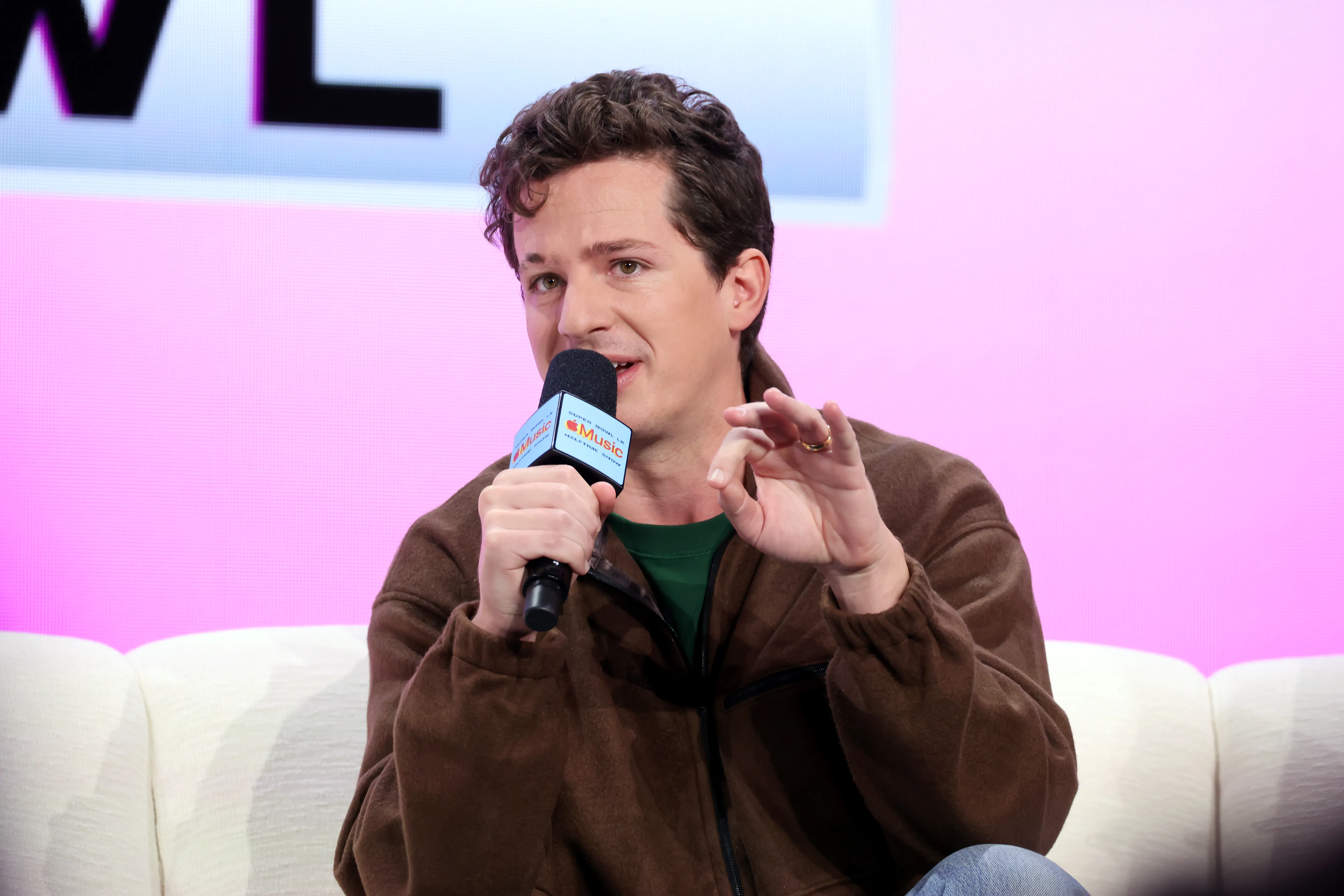 Charlie Puth speaks onstage during the Super Bowl LX Pregame & Apple Music Super Bowl LX Halftime Show Press Conference on Friday, Feb. 5