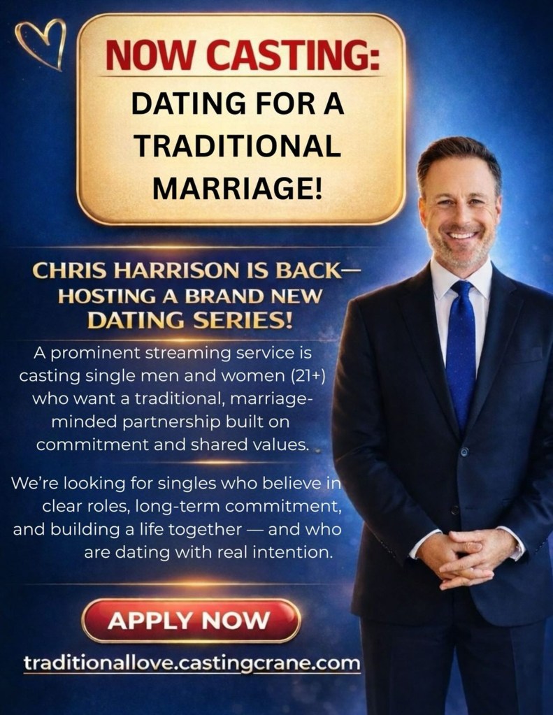 An advertisement for a new dating series hosted by Chris Harrison, titled 