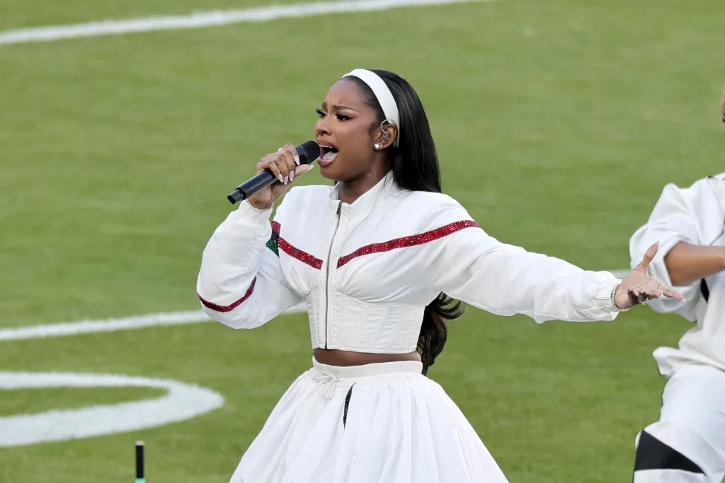 Coco Jones performing at Super Bowl LX.