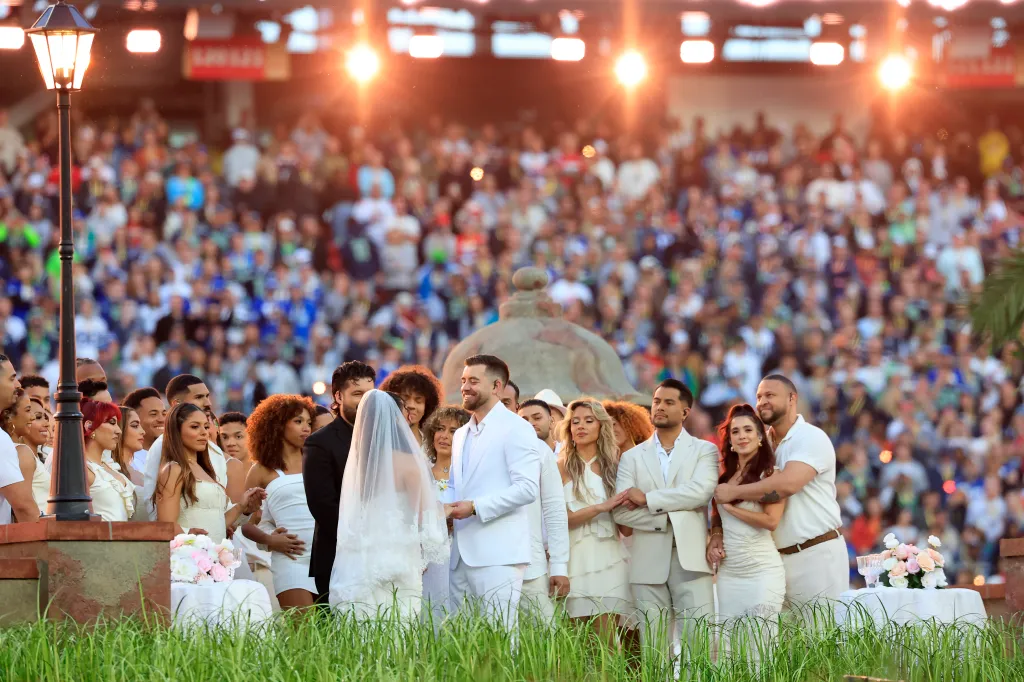 A couple getting married at the Super Bowl LX halftime show.