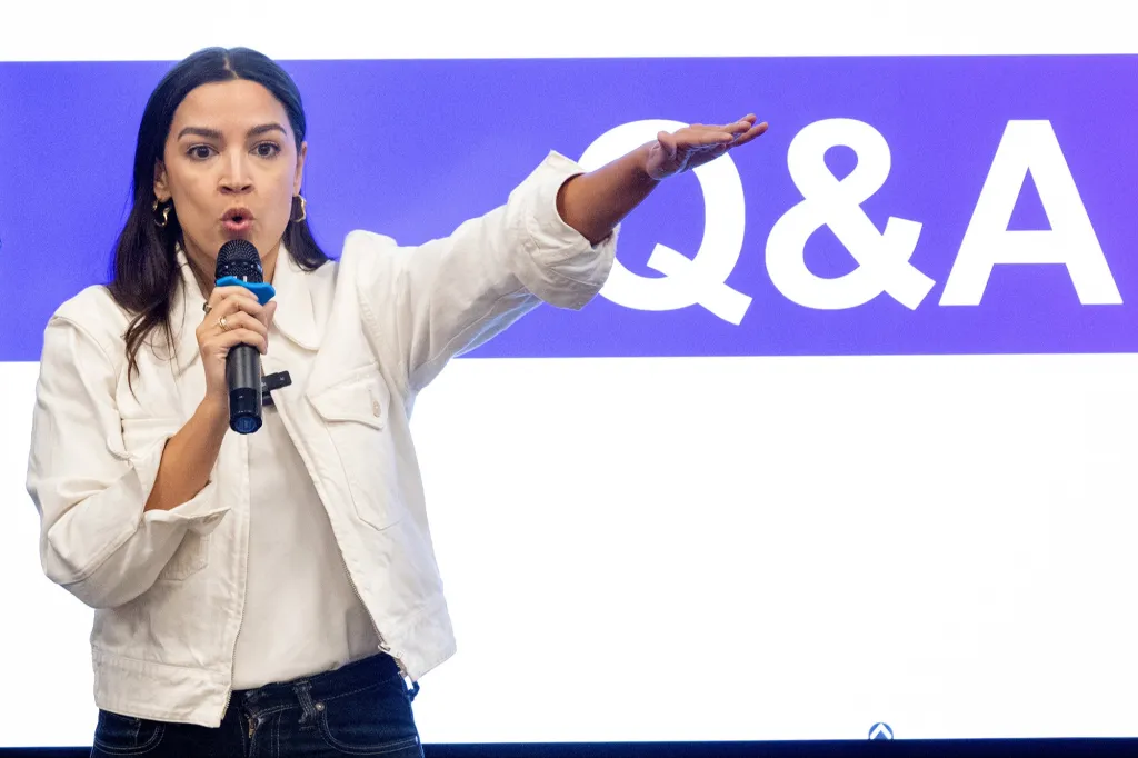 Rep. Alexandria Ocasio-Cortez speaking at a town hall.