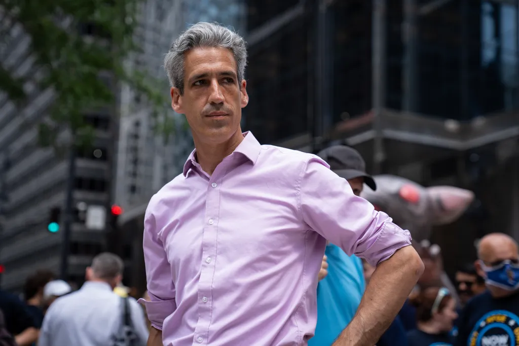 Daniel Biss, mayor of Evanston, Illinois, attends a rally at Federal Plaza in Chicago.