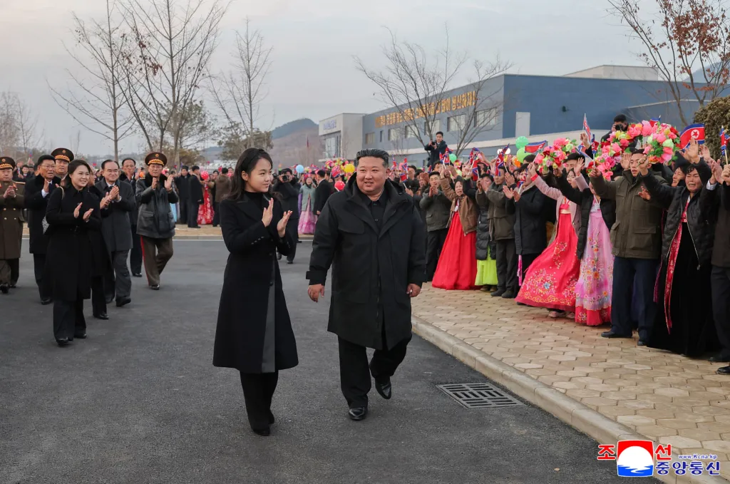 Kim Jong Un and his daughter, Kim Ju Ae, attend an inauguration ceremony of regional-industry factories and leisure complex in Kangdong County.