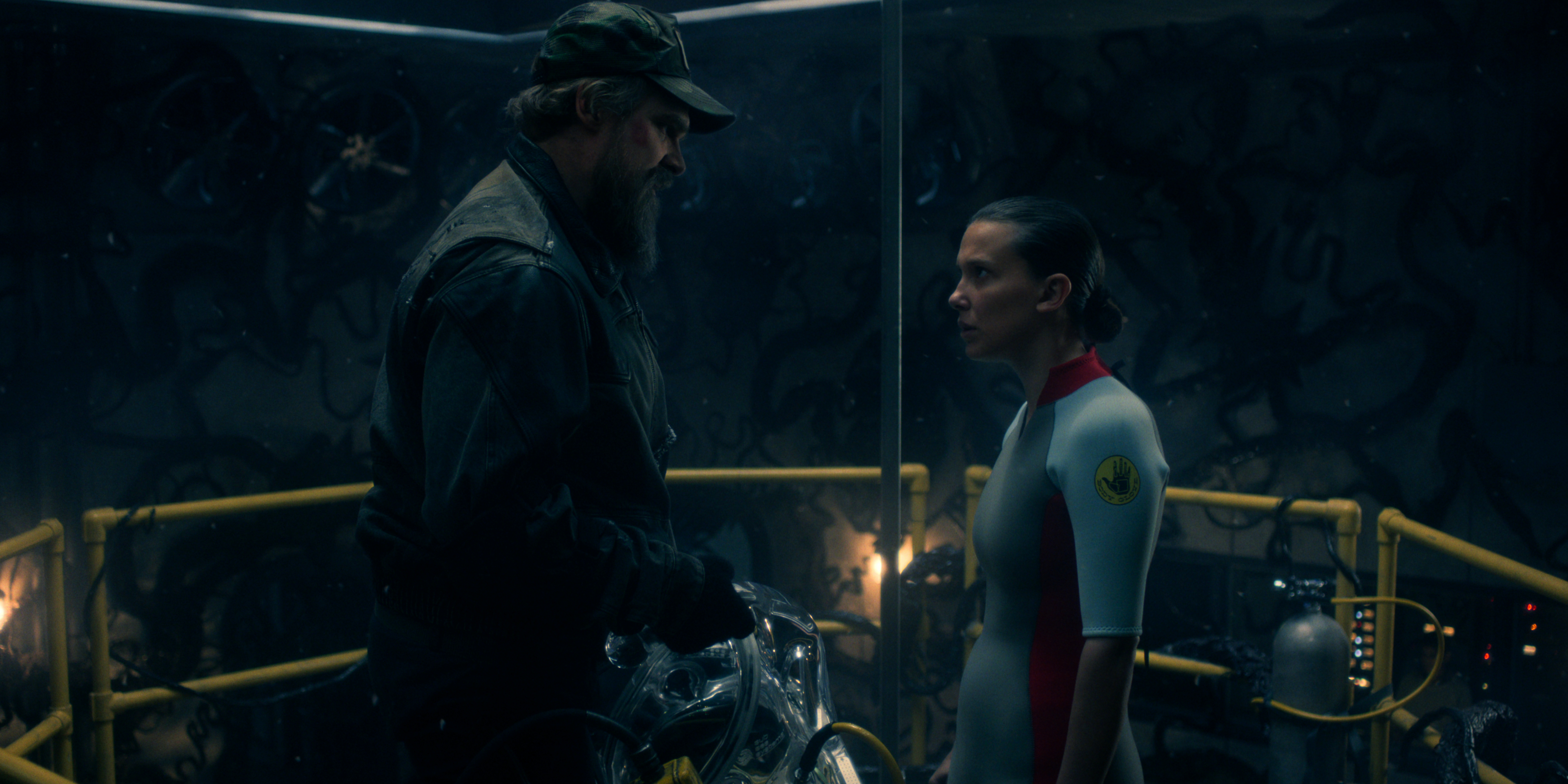 David Harbour as Jim Hopper and Millie Bobby Brown as Eleven in Stranger Things: Season 5.