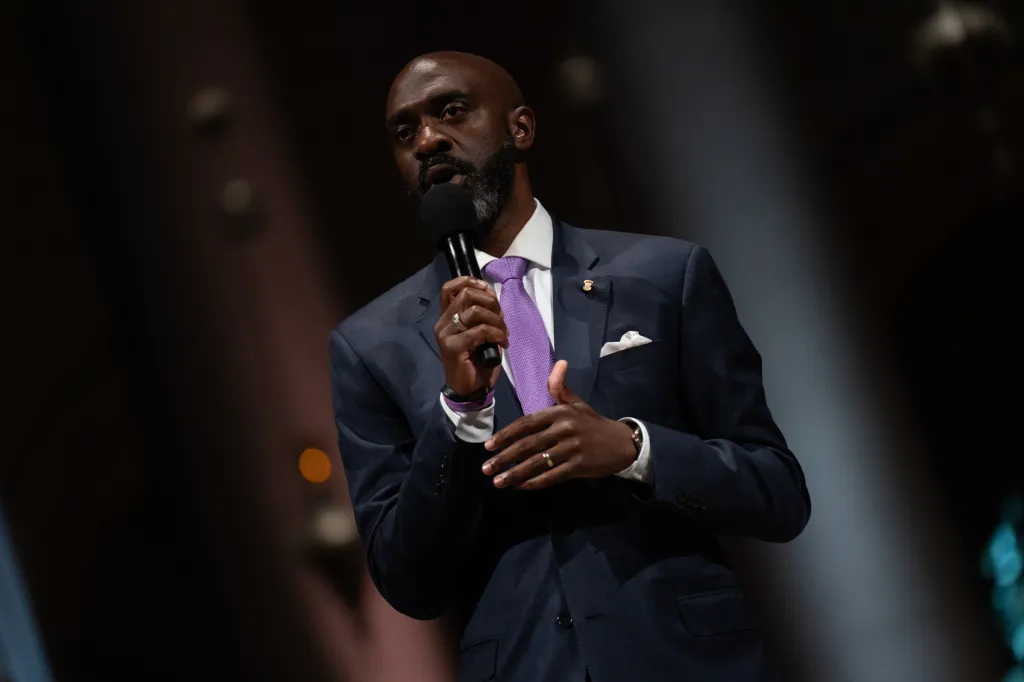 Democratic mayoral candidate Michael Blake speaking into a microphone.