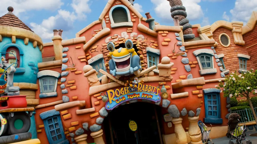 The whimsical facade of the Roger Rabbit's Car Toon Spin attraction.