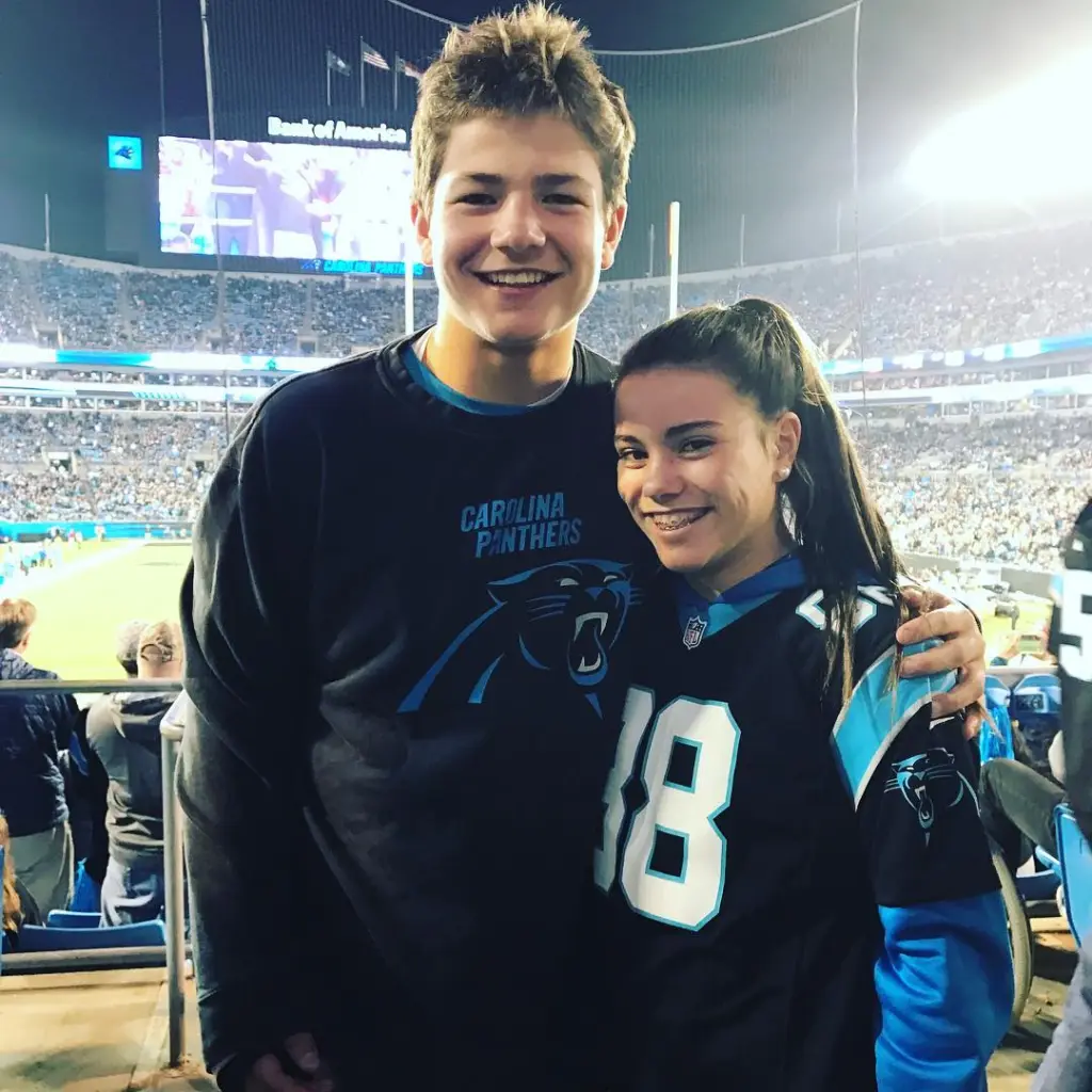 Drake Maye and Ann Michael Maye at a Carolina Panthers game.