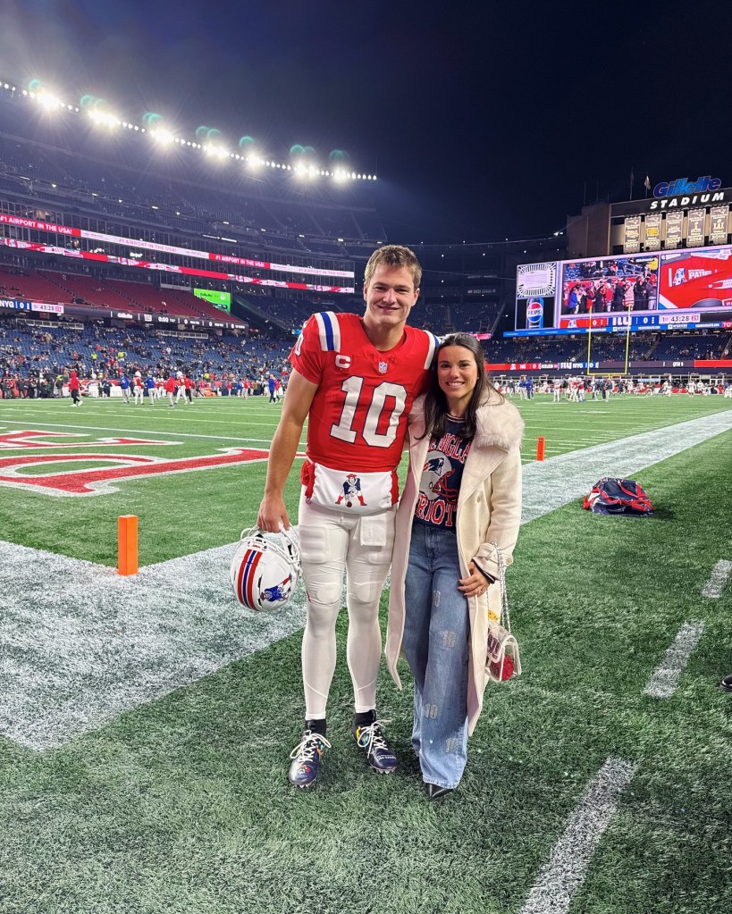 Drake Maye in a football uniform and Ann Michael Maye on a football field.