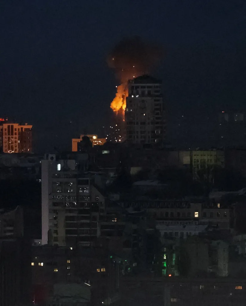 A drone hits an apartment building during a Russian missile and drone strike, amid Russia's attack on Ukraine, in Kyiv, Ukraine February 3, 2026.