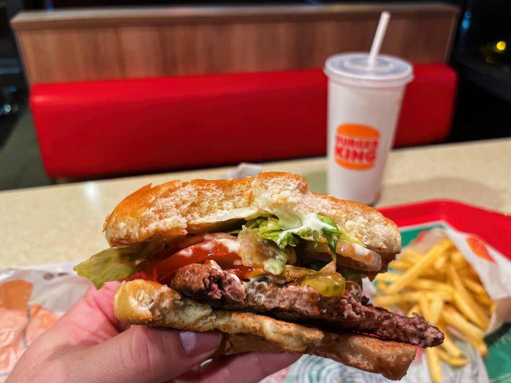 A Whopper sandwich that was served in paper wrapping before Burger King's packaging changes.