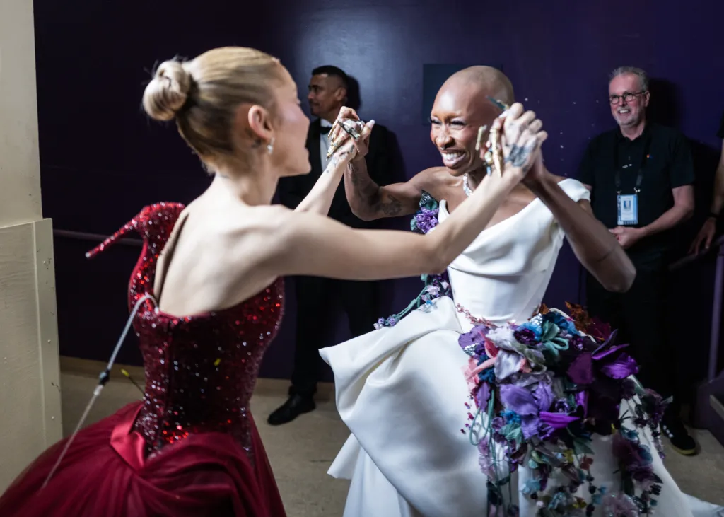 Ariana Grande and Cynthia Erivo backstage at the 97th Annual Oscars.