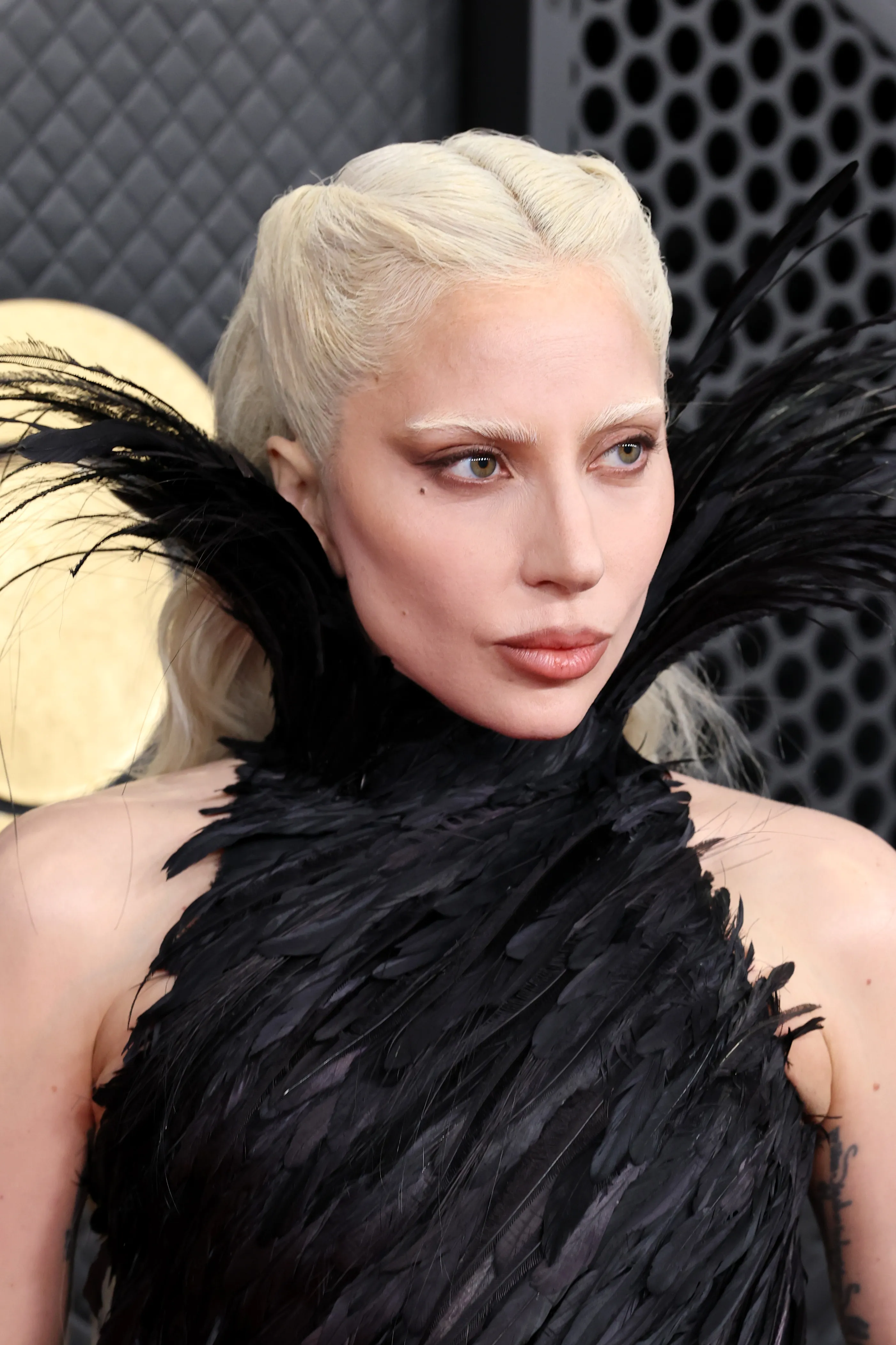 Lady Gaga at the 68th GRAMMY Awards, wearing a black feathered gown.