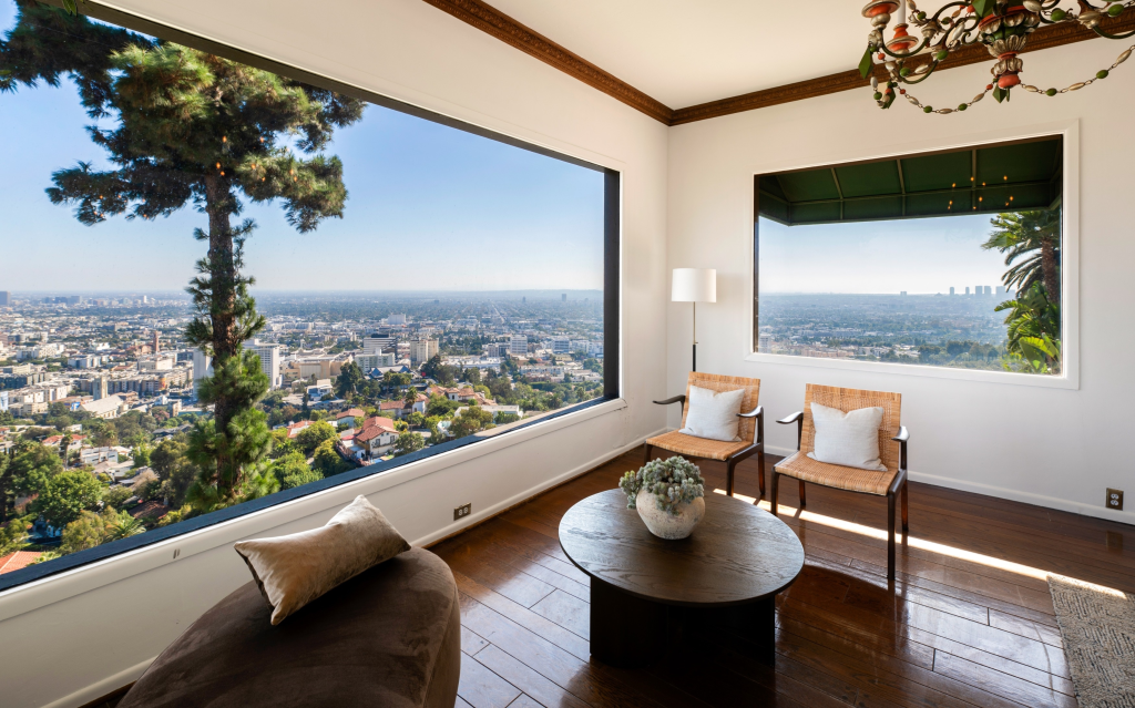Interior of Frank Sinatra's Los Angeles home with views of the city, mountains, and the Pacific Ocean.