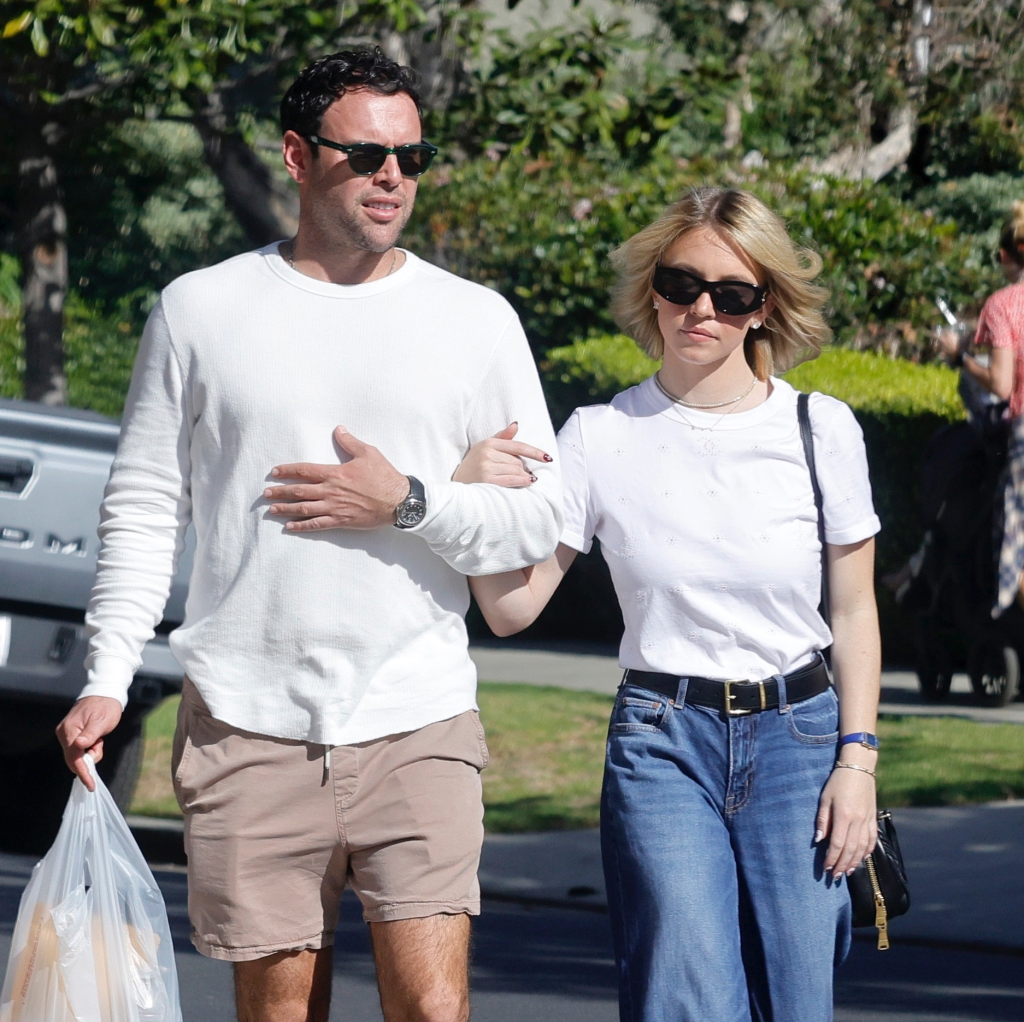 Sydney Sweeney and Scooter Braun walking in Brentwood.