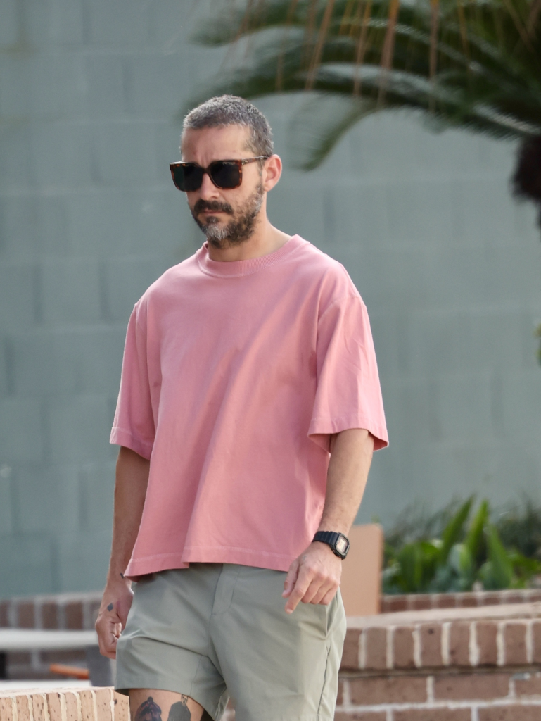 Shia LaBeouf walking outdoors in a pink shirt, light green shorts, and sunglasses.