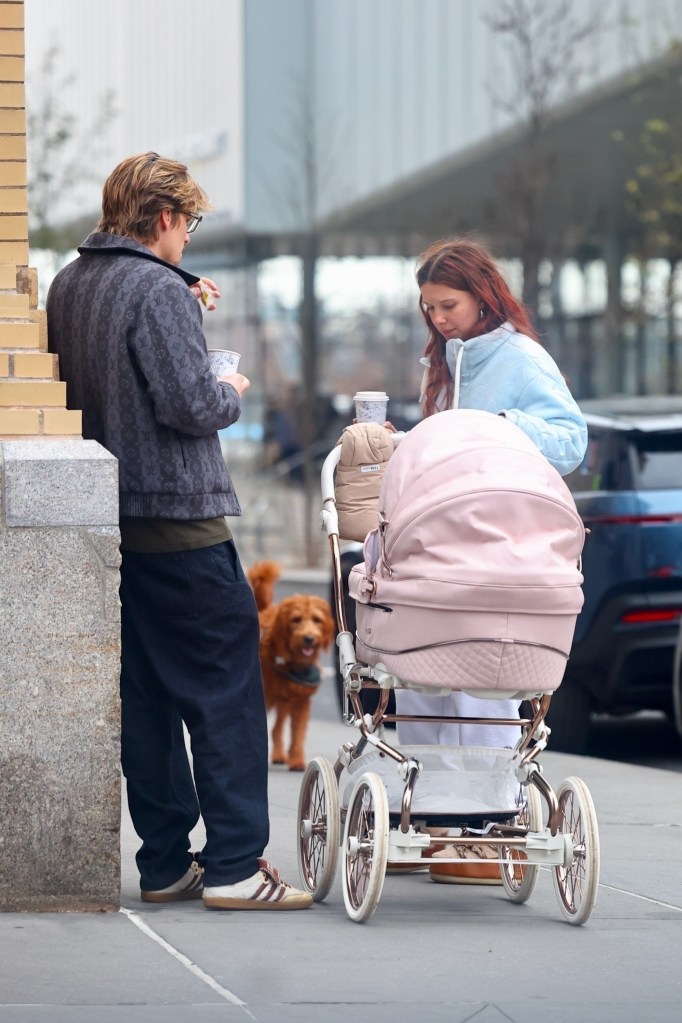 Millie Bobby Brown and Jake Bongiovi pushing a pink stroller in New York City.